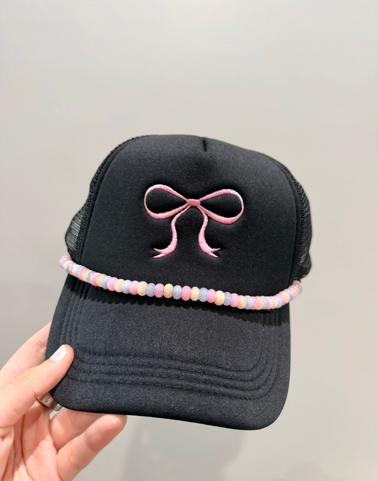 Black and Pink Embroidered Bow Trucker Hat