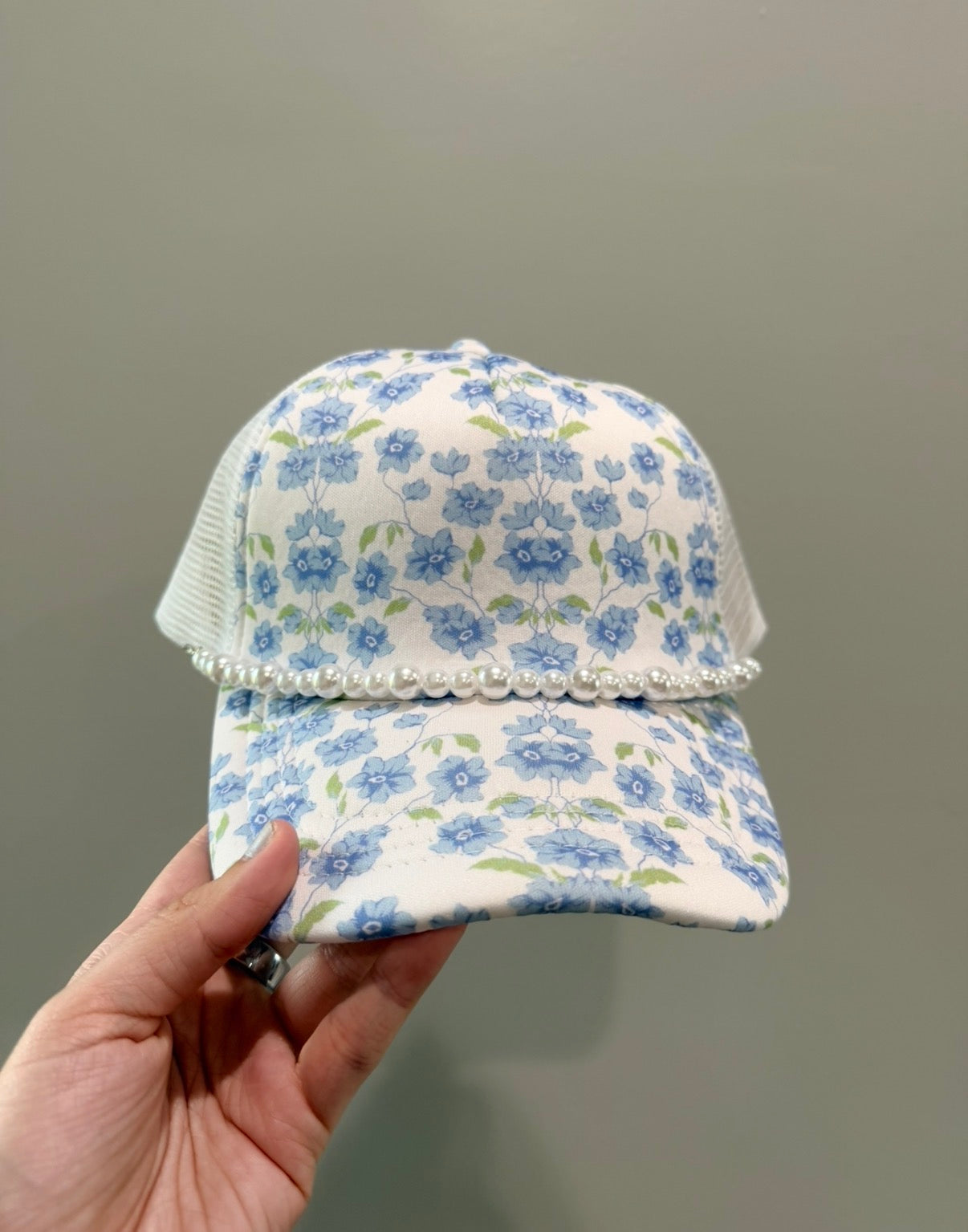 Blue Floral & Pearls Trucker Hat